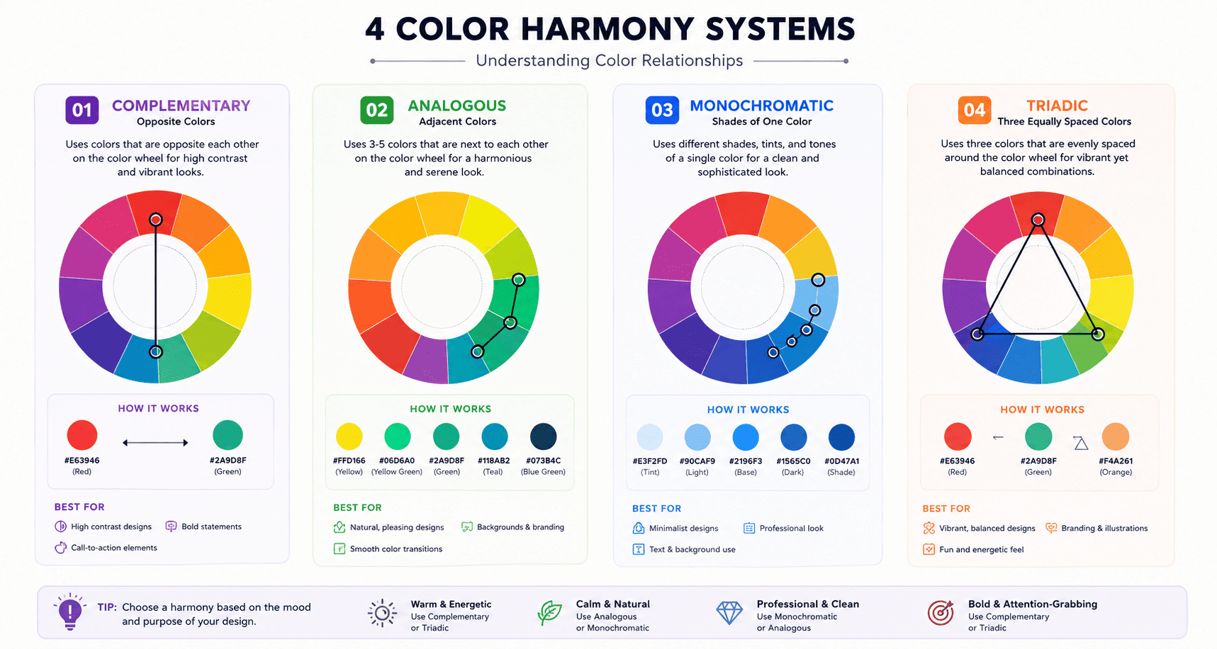 Color harmony systems showing complementary, analogous, monochromatic, and triadic color relationships.
