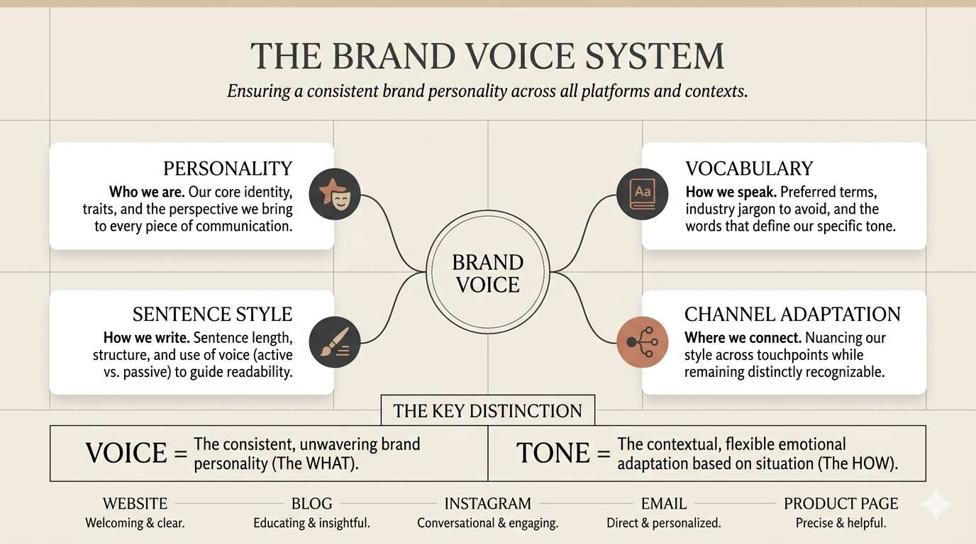 Brand voice system showing personality, vocabulary, sentence style, and channel-specific tone adaptation.