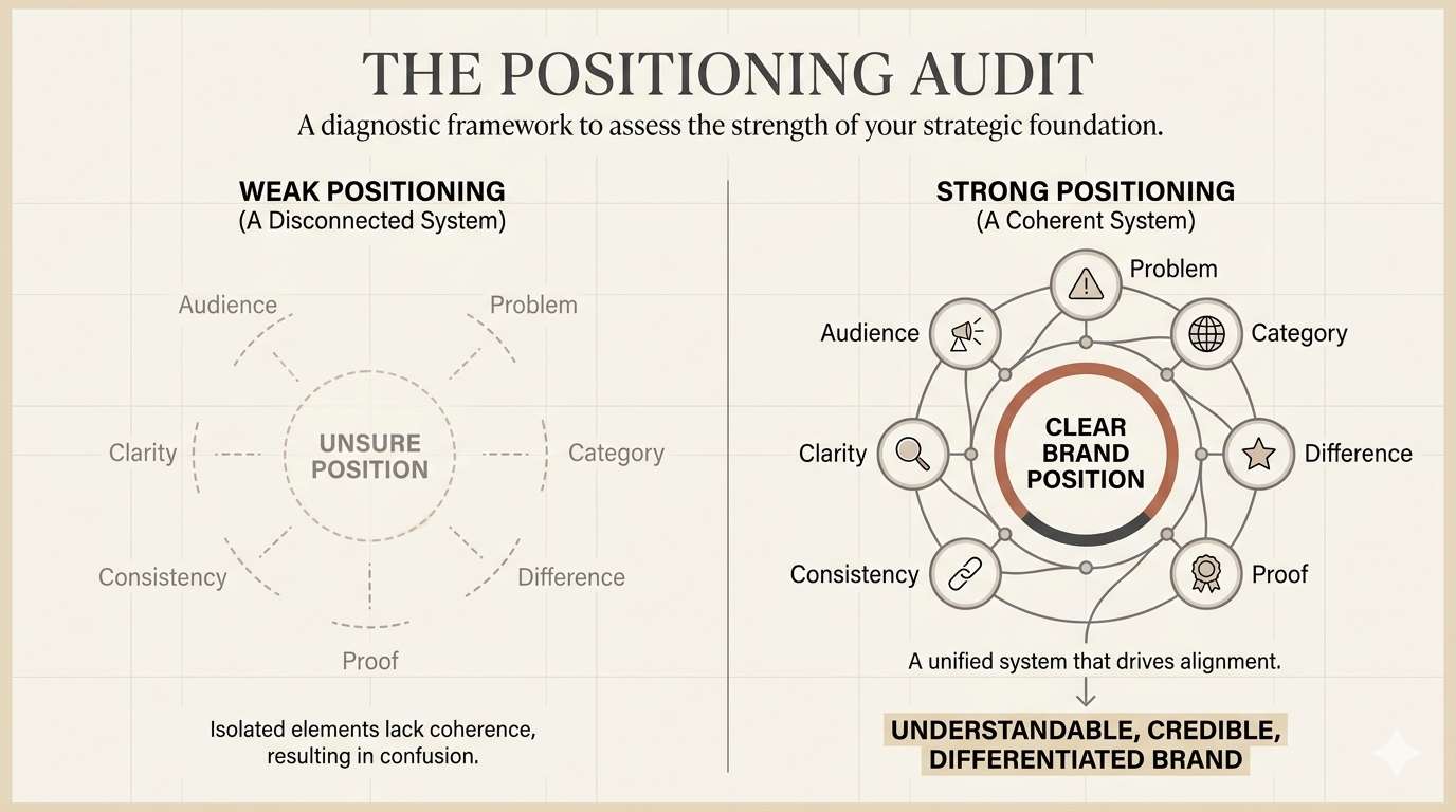 Common brand positioning mistakes including unclear audiences, generic differentiation, feature-led messaging, competitor copying, and inconsistent communication.