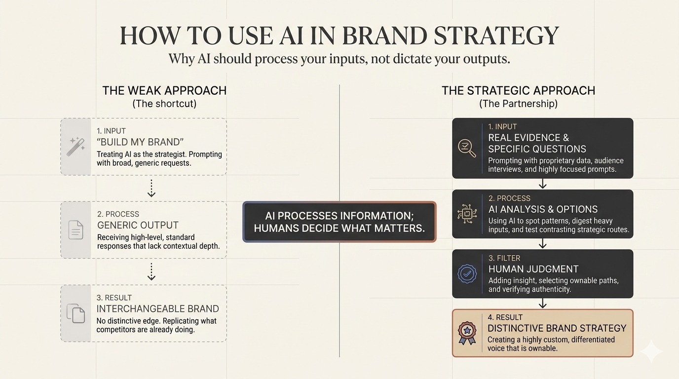 Three-layer AI brand strategy system combining human strategy, AI assistance, and human judgment.