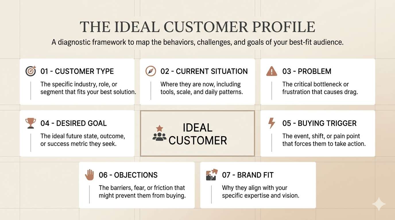 Ideal customer profile framework showing customer type, situation, problems, goals, buying triggers, objections, and brand fit.