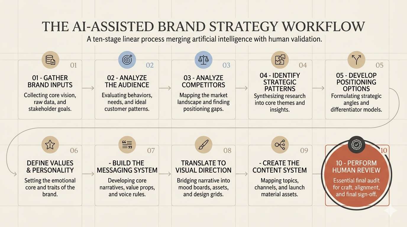 Ten-step AI-assisted brand strategy workflow from gathering inputs to final human review.