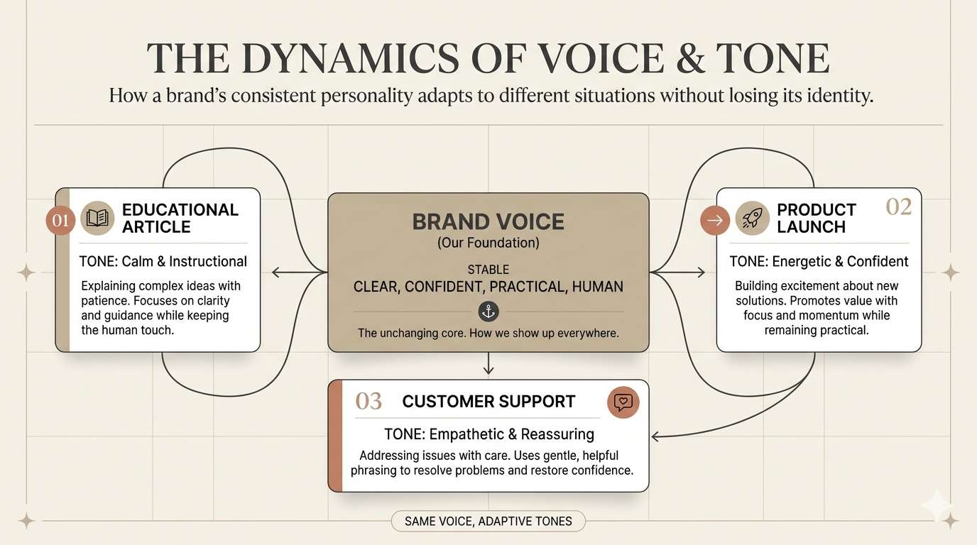Diagram showing consistent brand voice adapting into different tones for education, product launches, and customer support.