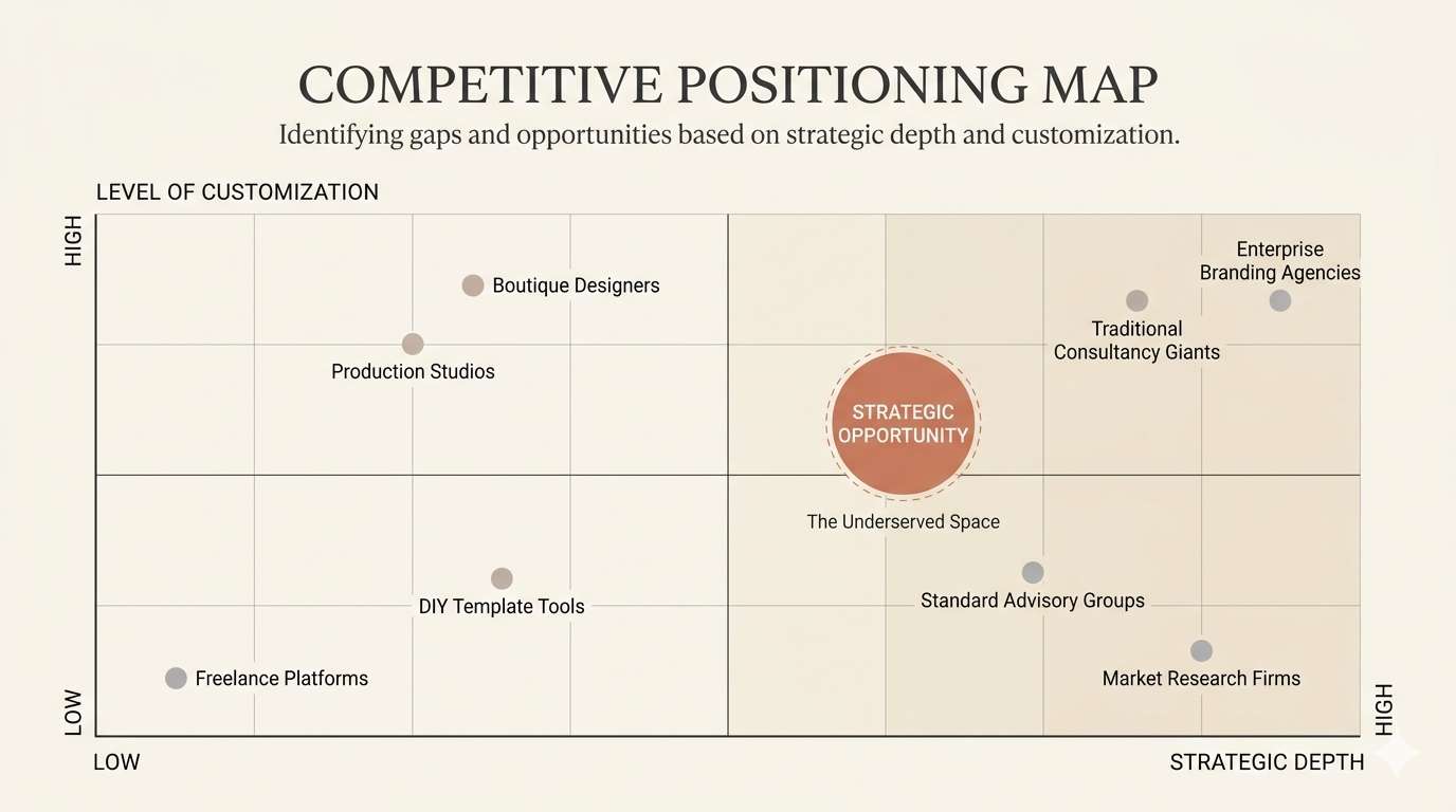 Competitive positioning map comparing strategic depth and customization to reveal an underserved market opportunity.