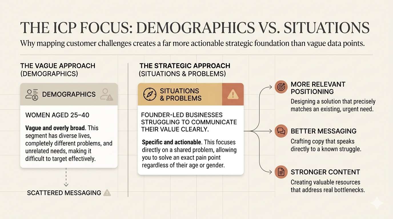 Comparison showing how problem-based customer definition creates stronger positioning than demographic description alone.