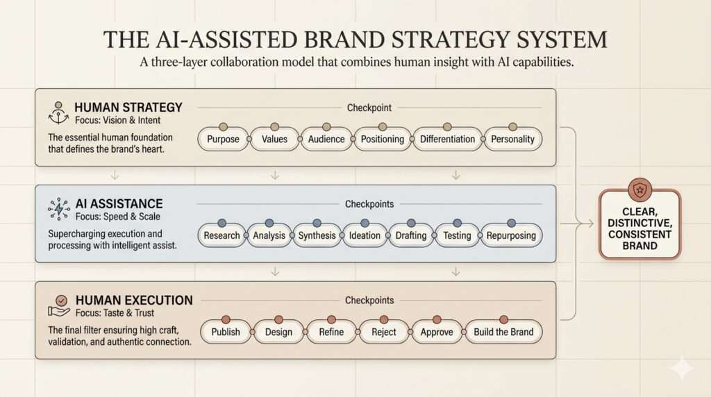 Comparison showing AI used as a strategic assistant rather than the decision-maker for brand strategy.