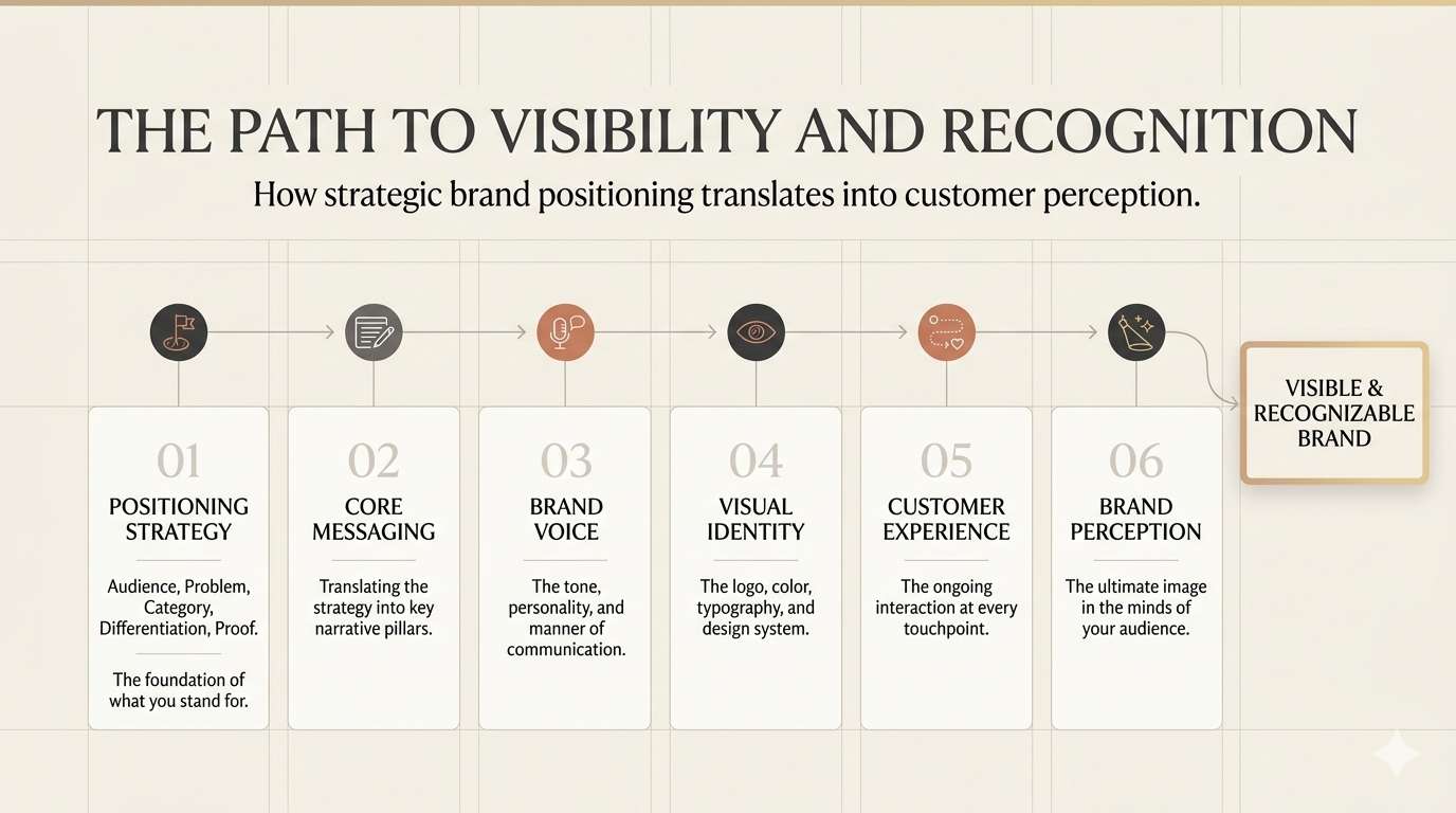 Diagram showing how brand positioning guides messaging, voice, visual identity, customer experience, and perception.