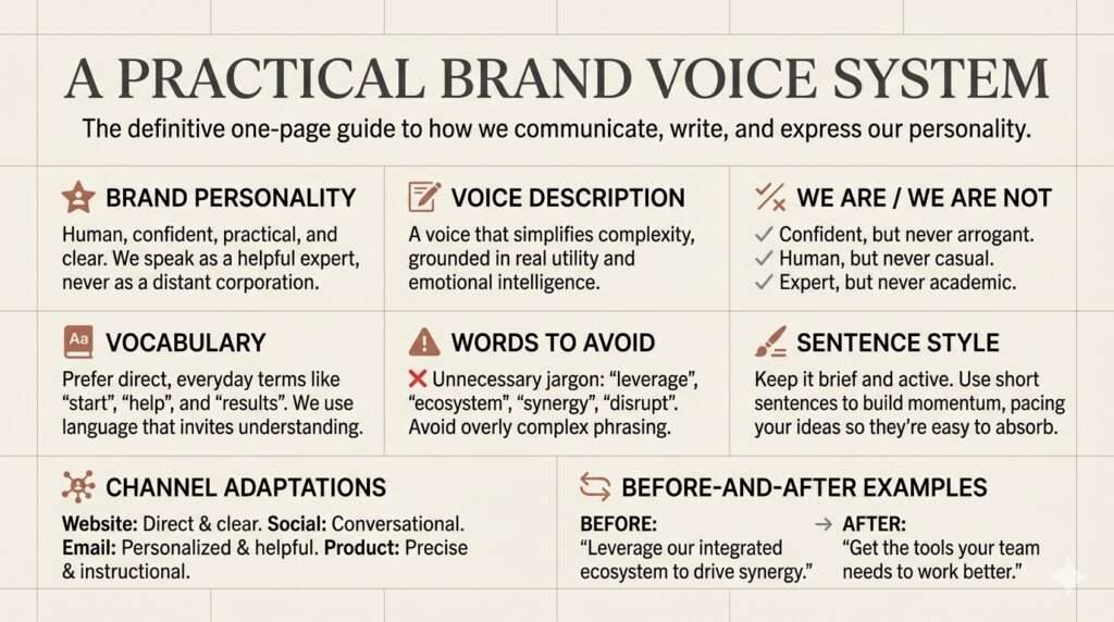 One-page brand voice guide showing personality, vocabulary, writing rules, channel adaptations, and practical examples.