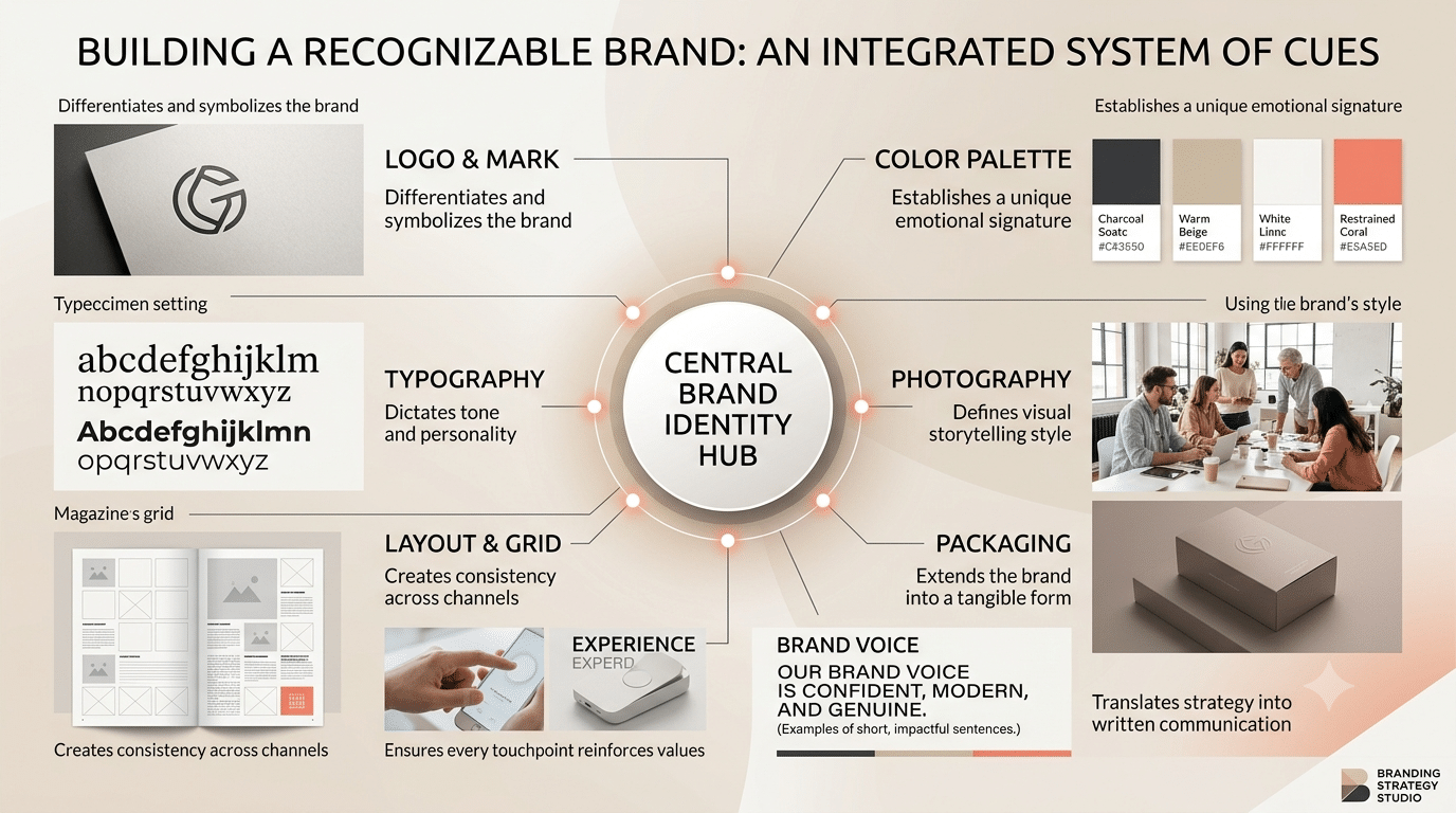 Brand recognition system connecting logo, colors, typography, imagery, layout, packaging, product experience, and brand voice.