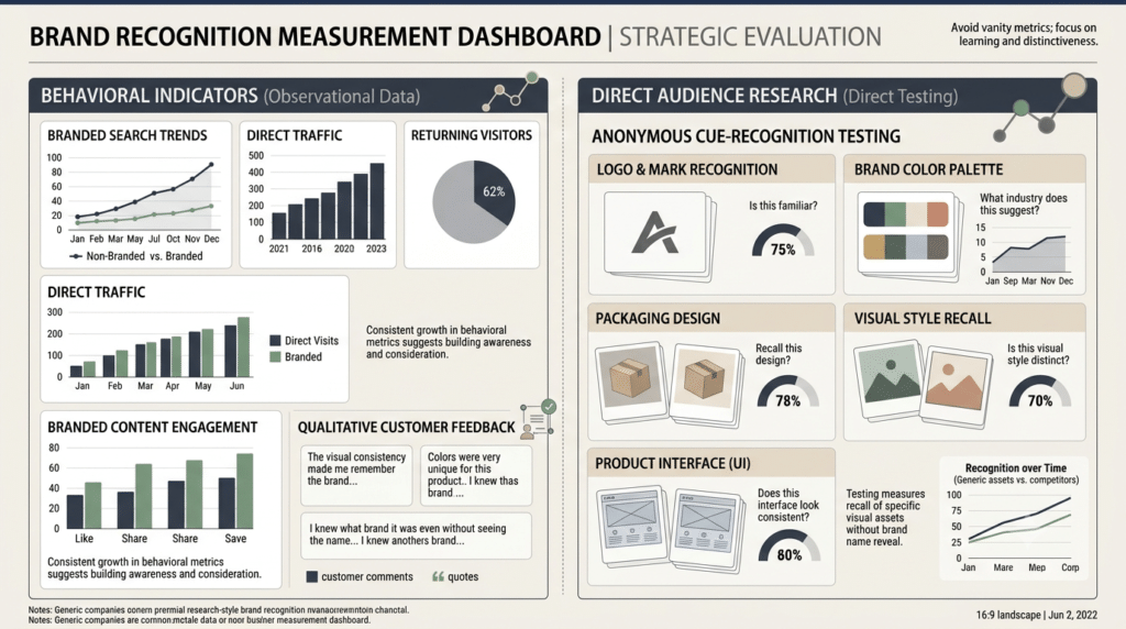 Brand recognition dashboard combining cue-recognition testing, behavioral indicators, branded search trends, and qualitative audience feedback.