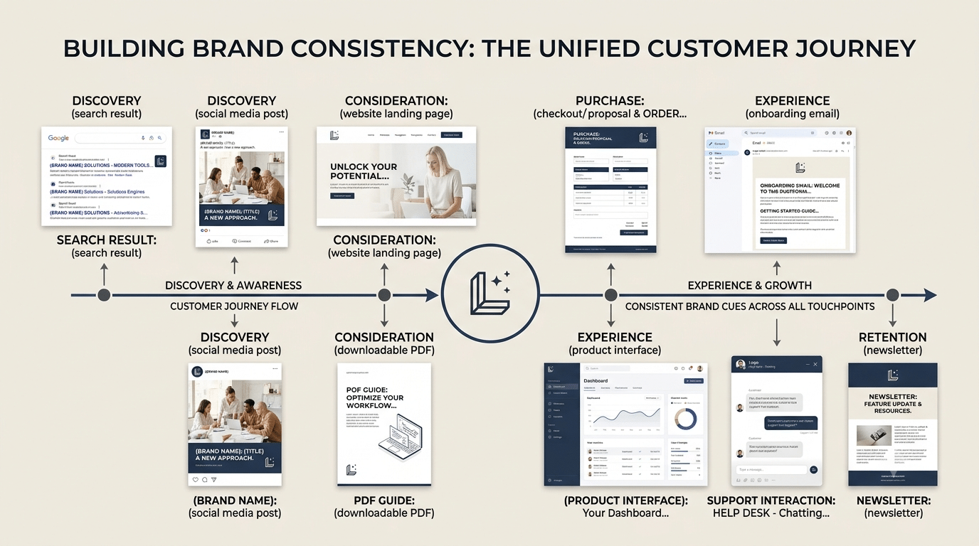 Customer journey map showing consistent brand identity across discovery, consideration, purchase, experience, and retention touchpoints.