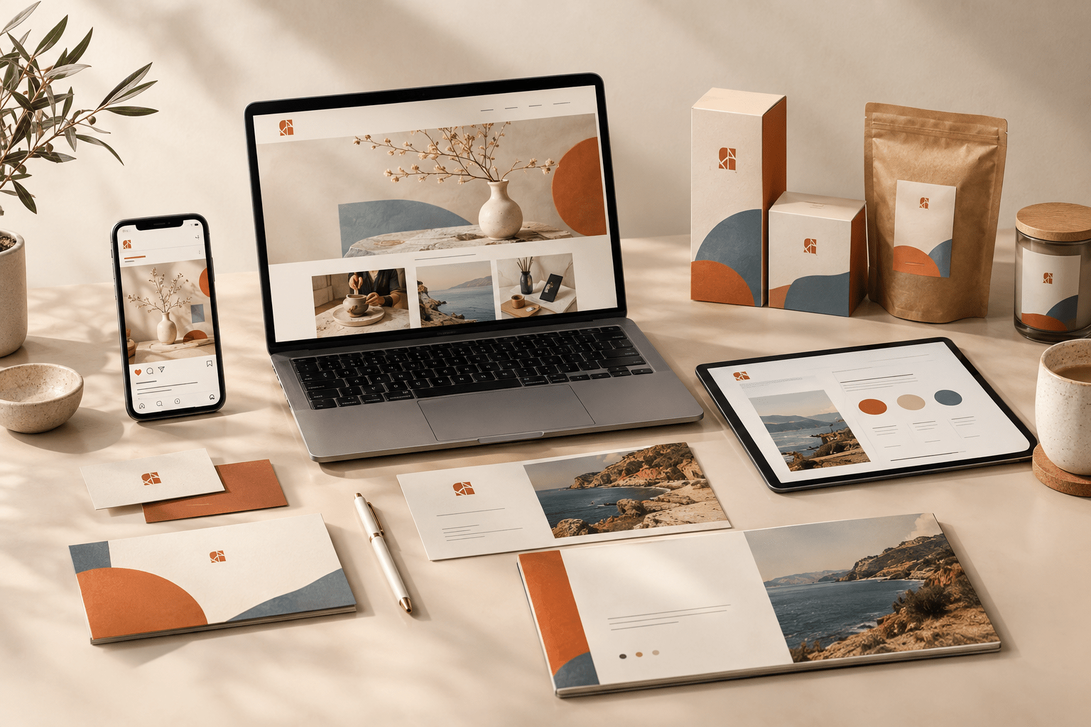 Build a brand identity without a designer by applying consistent branding across a website, social media post, business card, presentation slide, email header, and packaging.