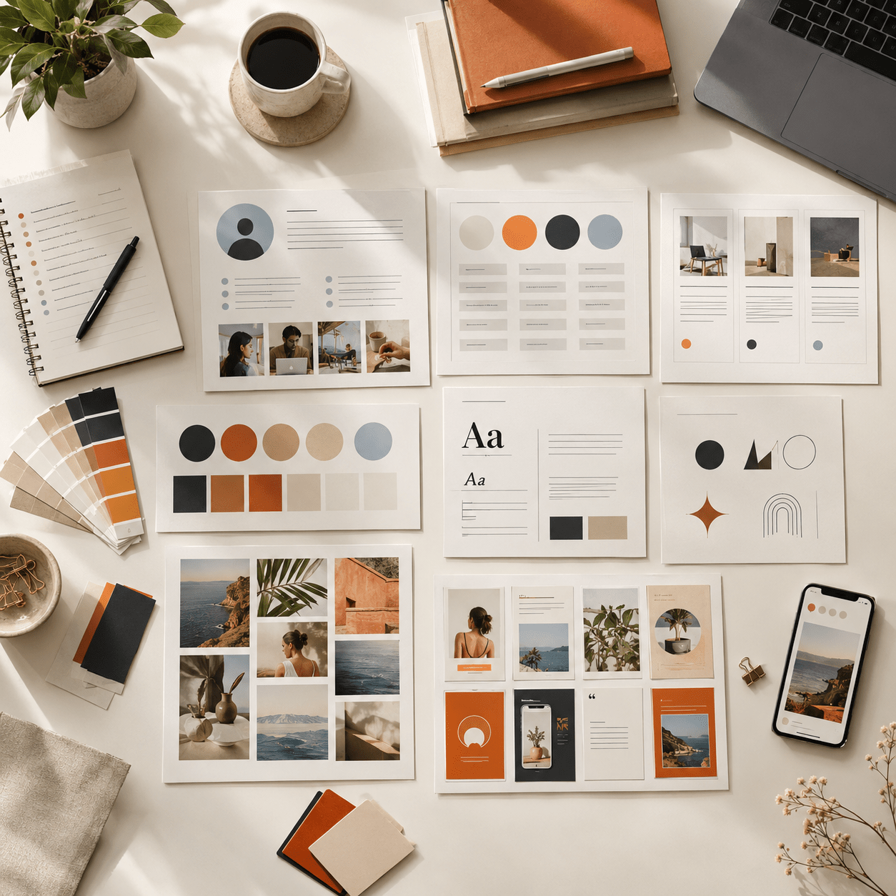 Build a brand identity without a designer using strategy notes, color palettes, typography samples, logo variations, and social media templates.