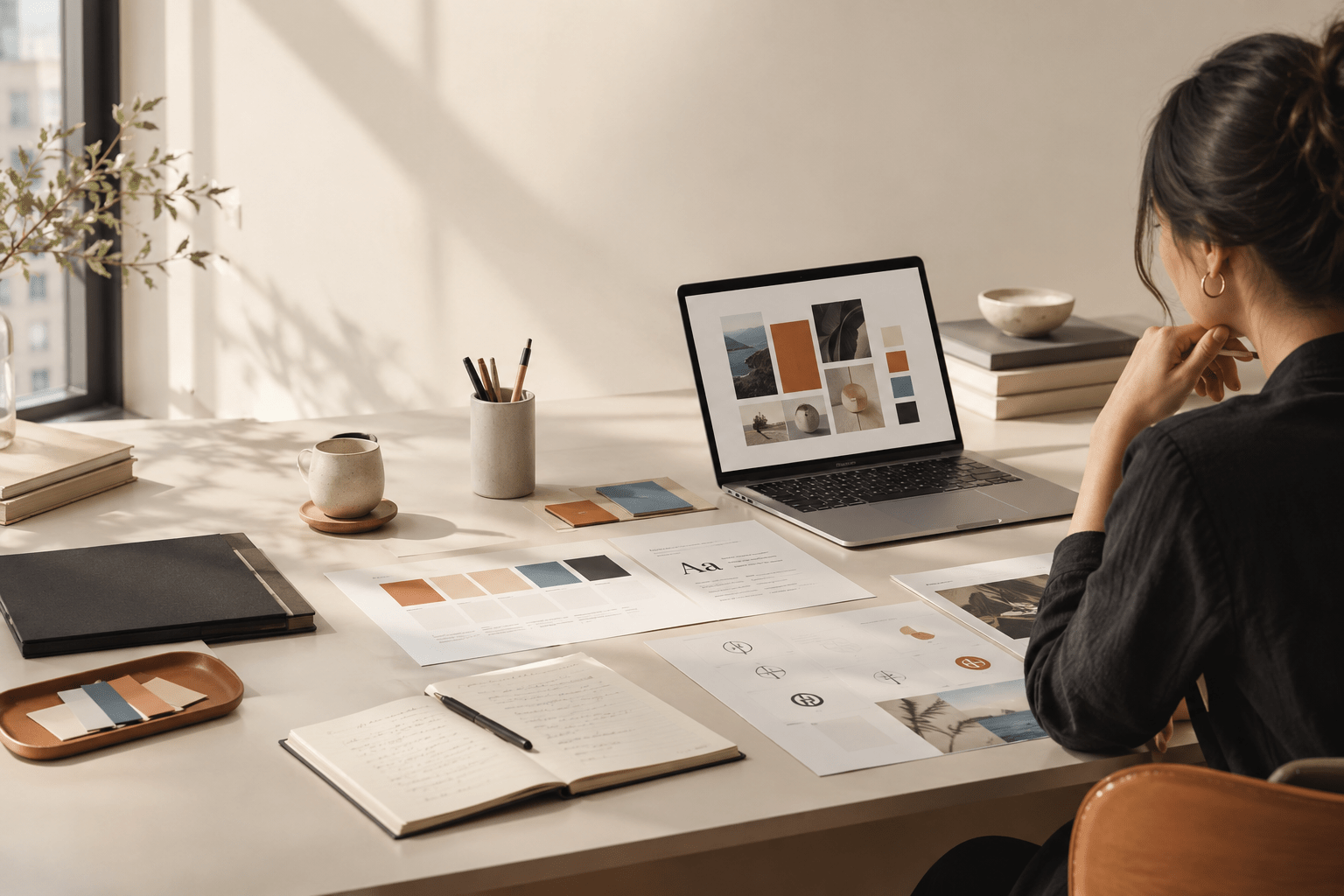 Build a brand identity without a designer by organizing brand colors, typography, logo sketches, and guidelines at a modern workspace.