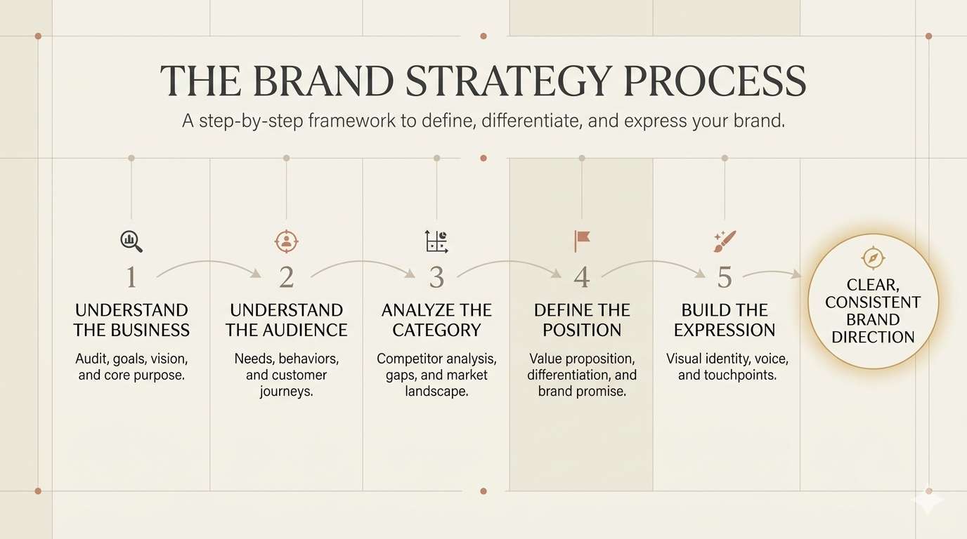 Five-step process for building a brand strategy from business understanding to clear brand expression.
