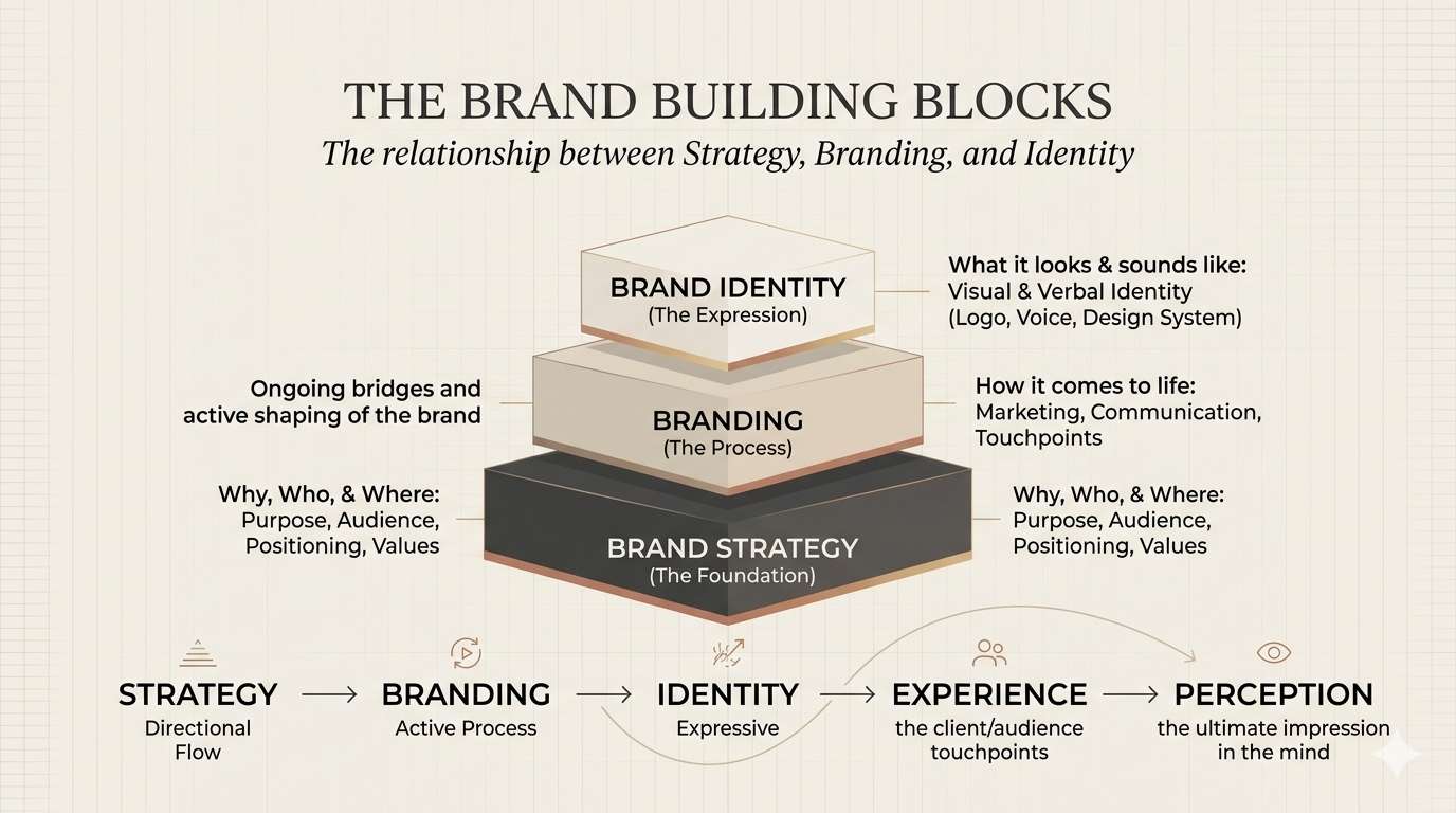 Diagram showing how brand strategy guides branding, brand identity, customer experience, and brand perception.