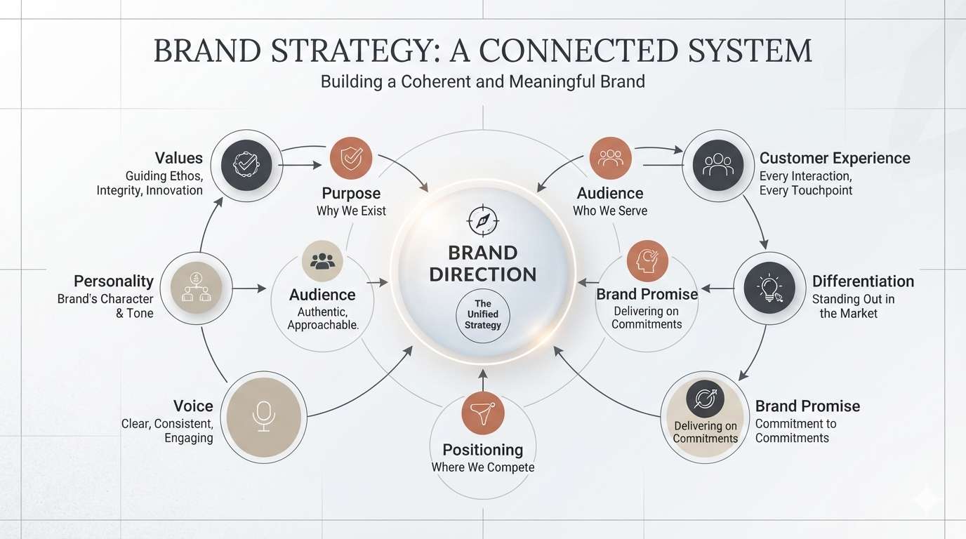 Brand strategy framework connecting purpose, audience, positioning, differentiation, values, personality, voice, promise, and customer experience.