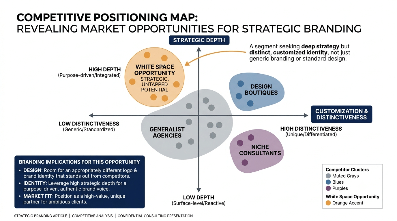 Competitive positioning map comparing strategic depth and customization to reveal an underserved market opportunity.