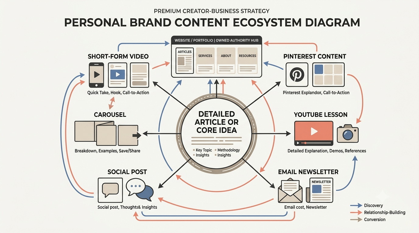 Personal brand content ecosystem showing one core idea adapted into articles, video, social posts, email, Pinterest content, and an owned website hub.