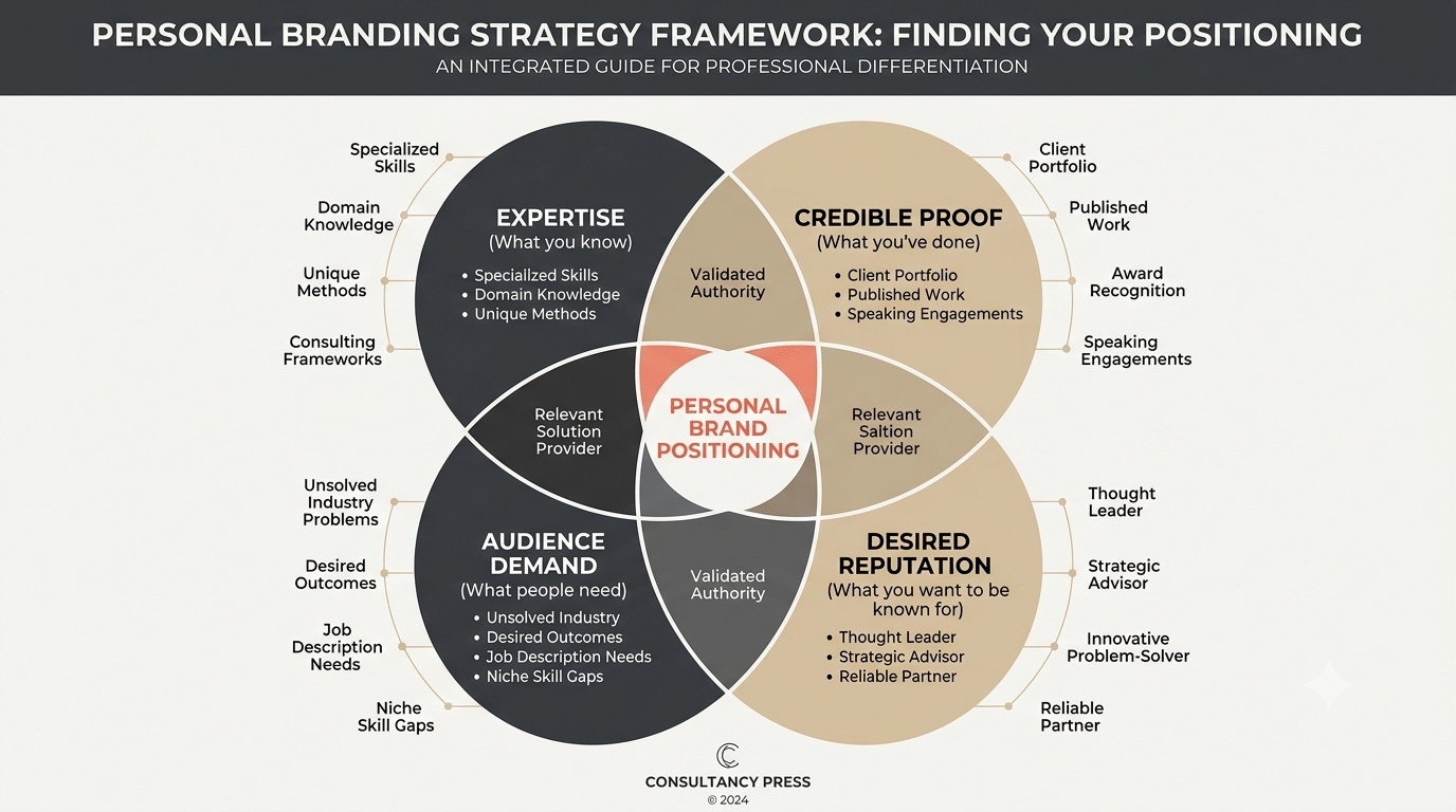 Personal brand positioning framework showing the intersection of expertise, credible proof, audience demand, and desired reputation.