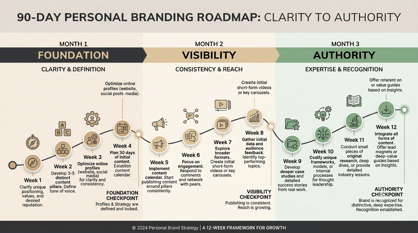 90-day personal branding roadmap showing progression from foundation and visibility to authority and recognizable expertise.