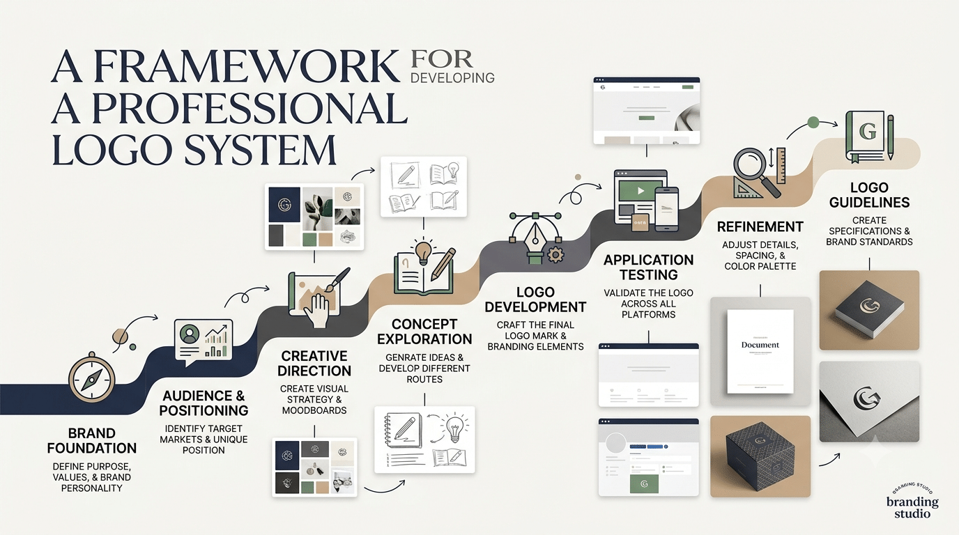 Step-by-step logo design process from brand strategy and concept exploration through application testing, refinement, and guidelines.