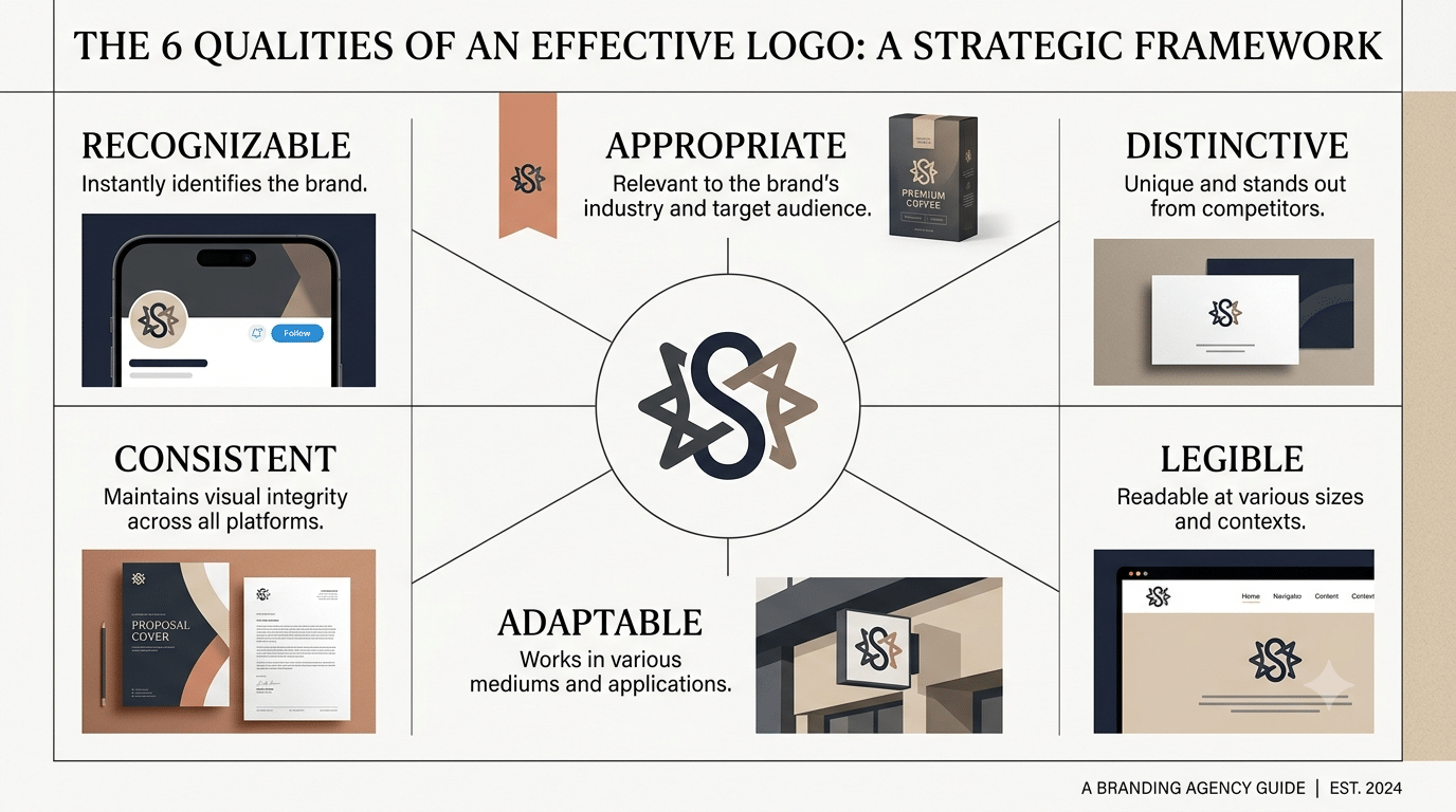 Infographic showing six qualities of an effective logo: recognition, appropriateness, distinctiveness, legibility, adaptability, and consistency.