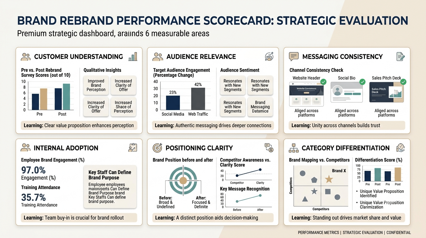 Brand rebrand success scorecard measuring customer understanding, audience relevance, messaging consistency, internal adoption, positioning clarity, and differentiation.