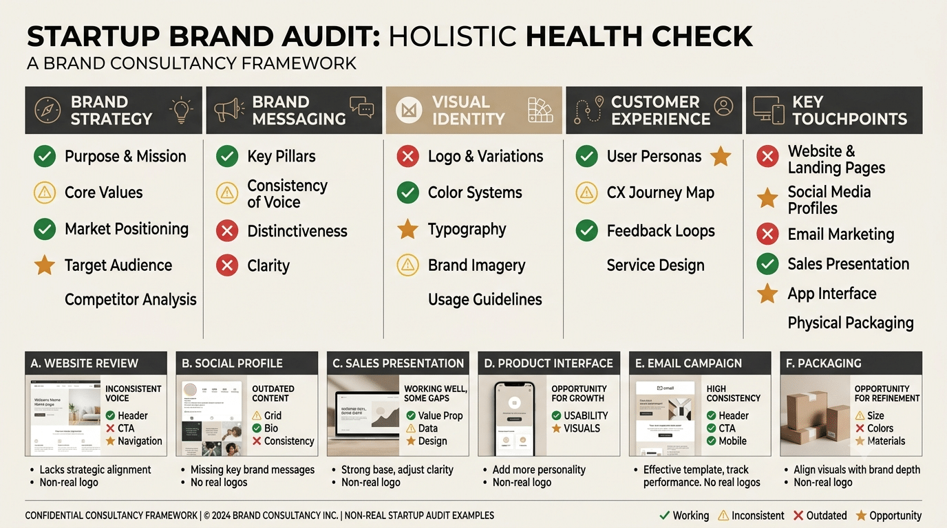 Startup brand audit reviewing strategy, messaging, visual identity, customer experience, and customer-facing touchpoints.