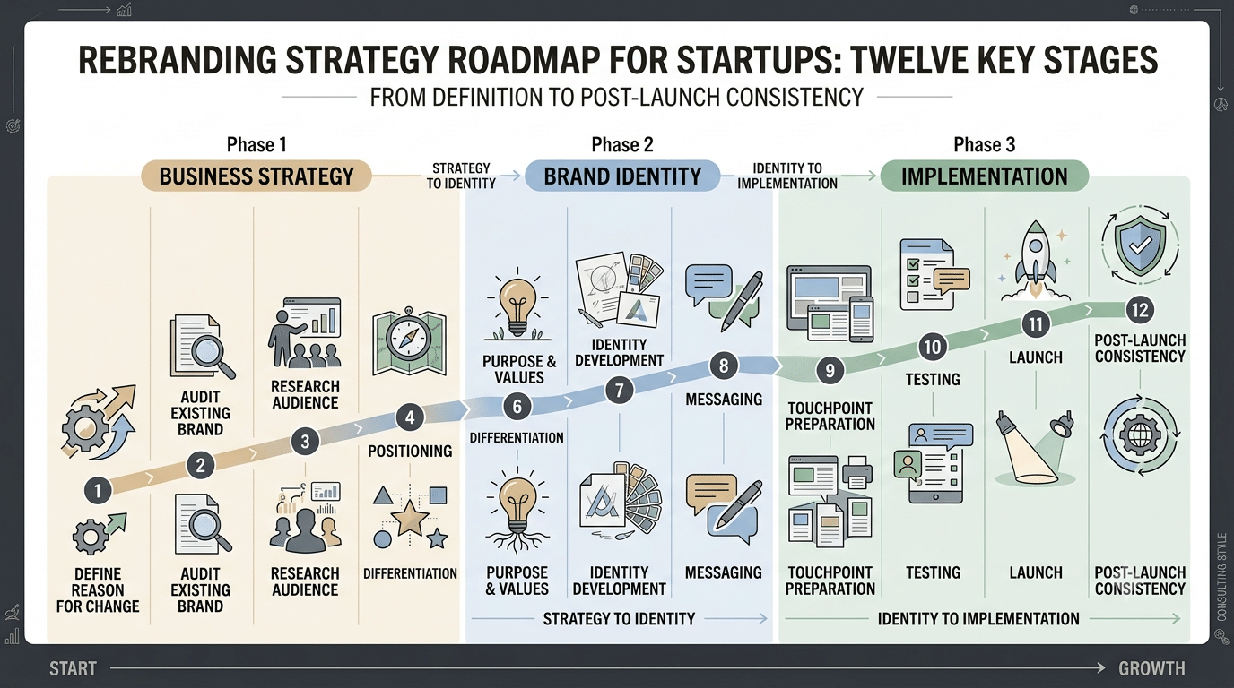 Twelve-step startup rebranding roadmap from business diagnosis and positioning through identity development, launch, and ongoing consistency.