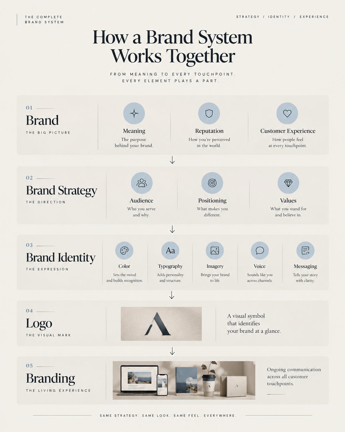 Hierarchy showing the relationship between brand, brand strategy, brand identity, logo, and ongoing branding.