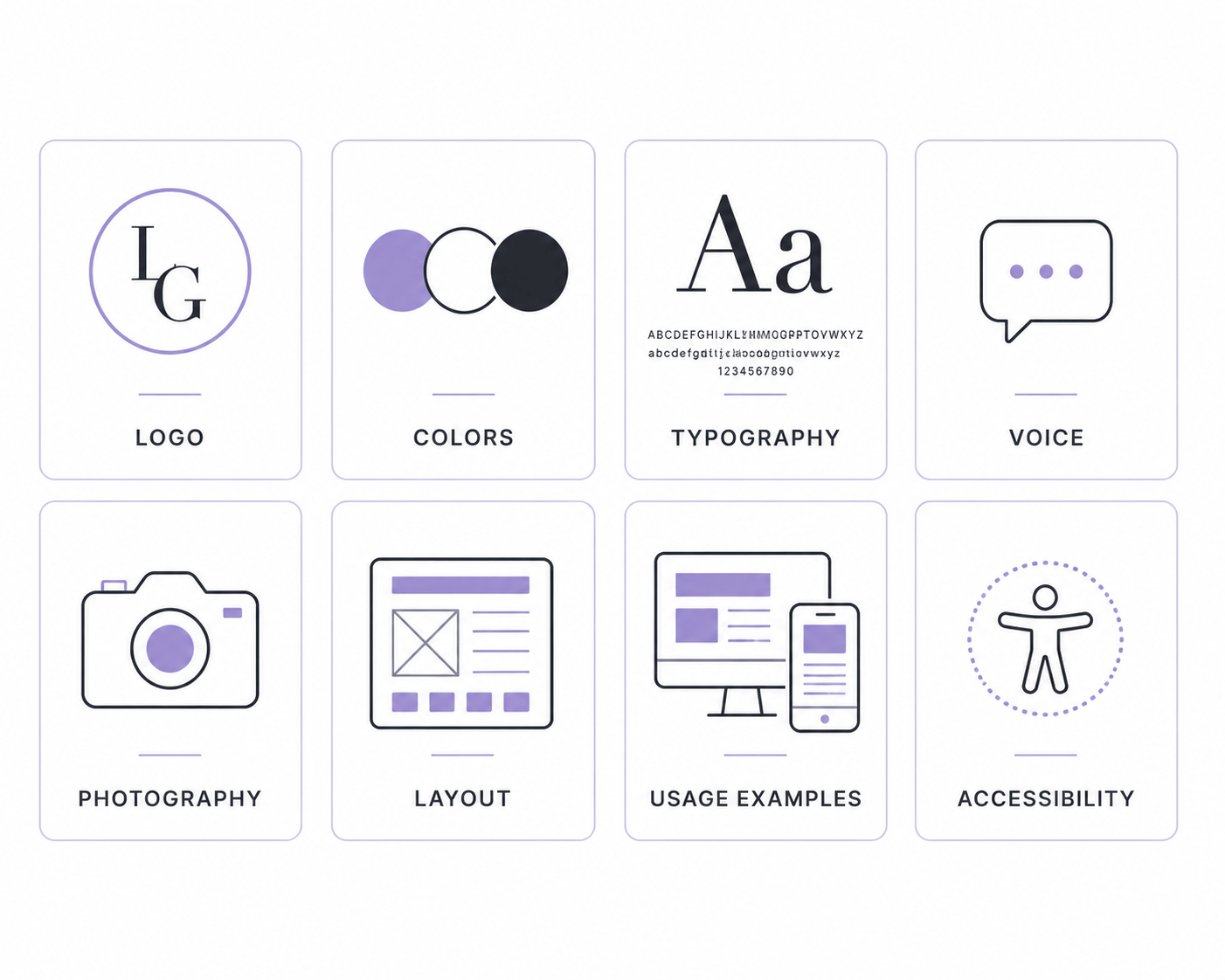 Eight-square grid of icons representing essential brand guideline elements.