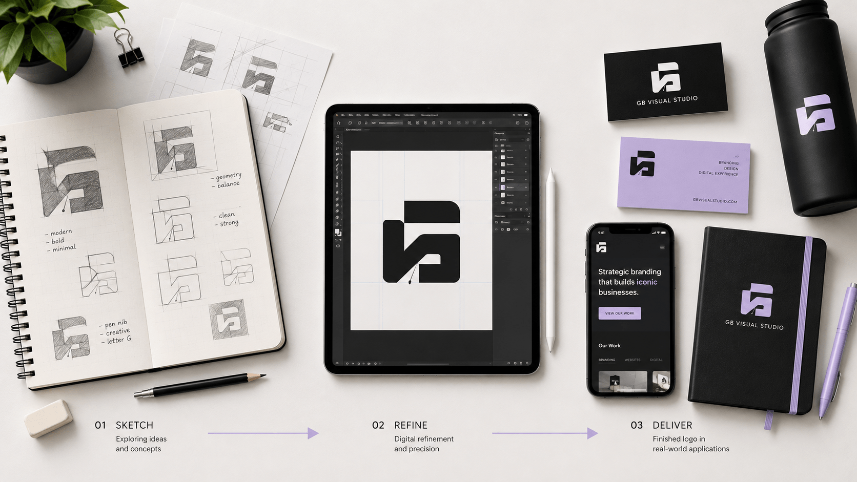 Progression showing logo design journey from rough sketches to finished applications across business materials.
