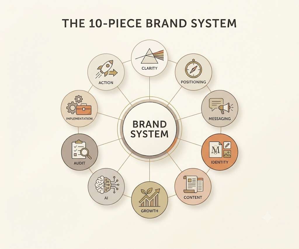 The 10-piece brand system: clarity, positioning, messaging, identity, content, growth, AI, audit, implementation, and action