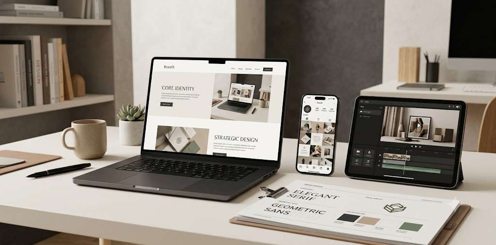 Digital branding strategy displayed across website, social media, video, and brand identity touchpoints