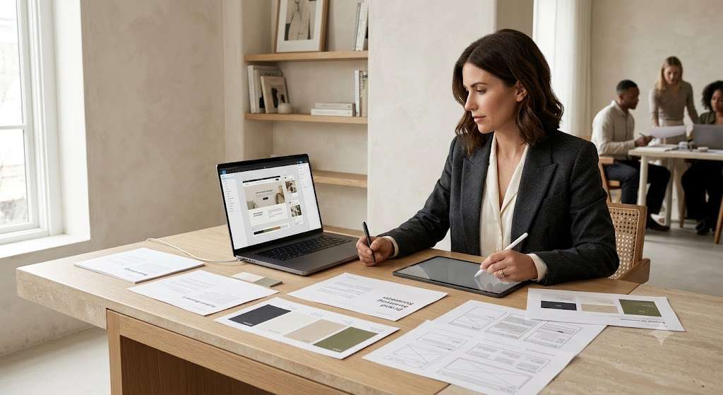 Brand strategist developing a digital branding system from strategy and visual identity
