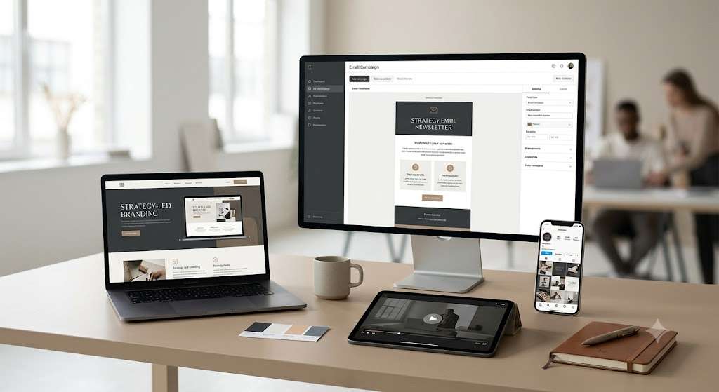 Digital brand ecosystem connecting website, social media, email, video, and ecommerce