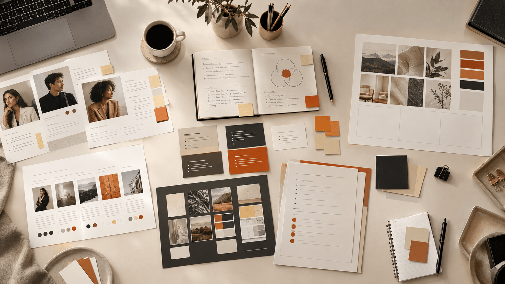 Brand strategy materials being organized before visual identity design begins.