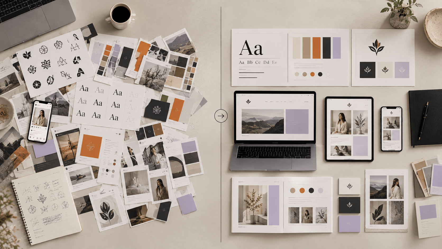 Comparison between a scattered visual identity and a consistent brand system.