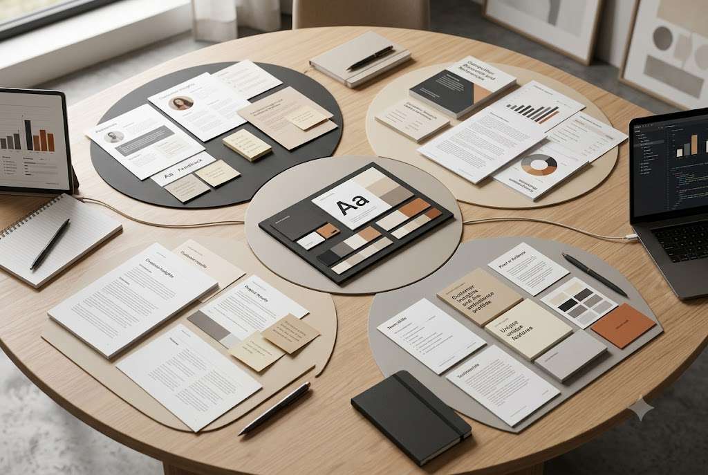 Brand differentiation research workspace combining customer insights, competitor research, business strengths, and market opportunities.