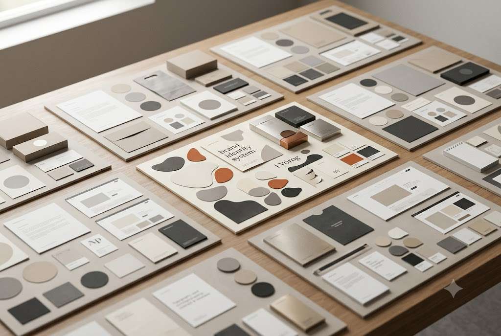 Brand identity boards illustrating how a distinctive visual system can stand out from similar-looking competitors.