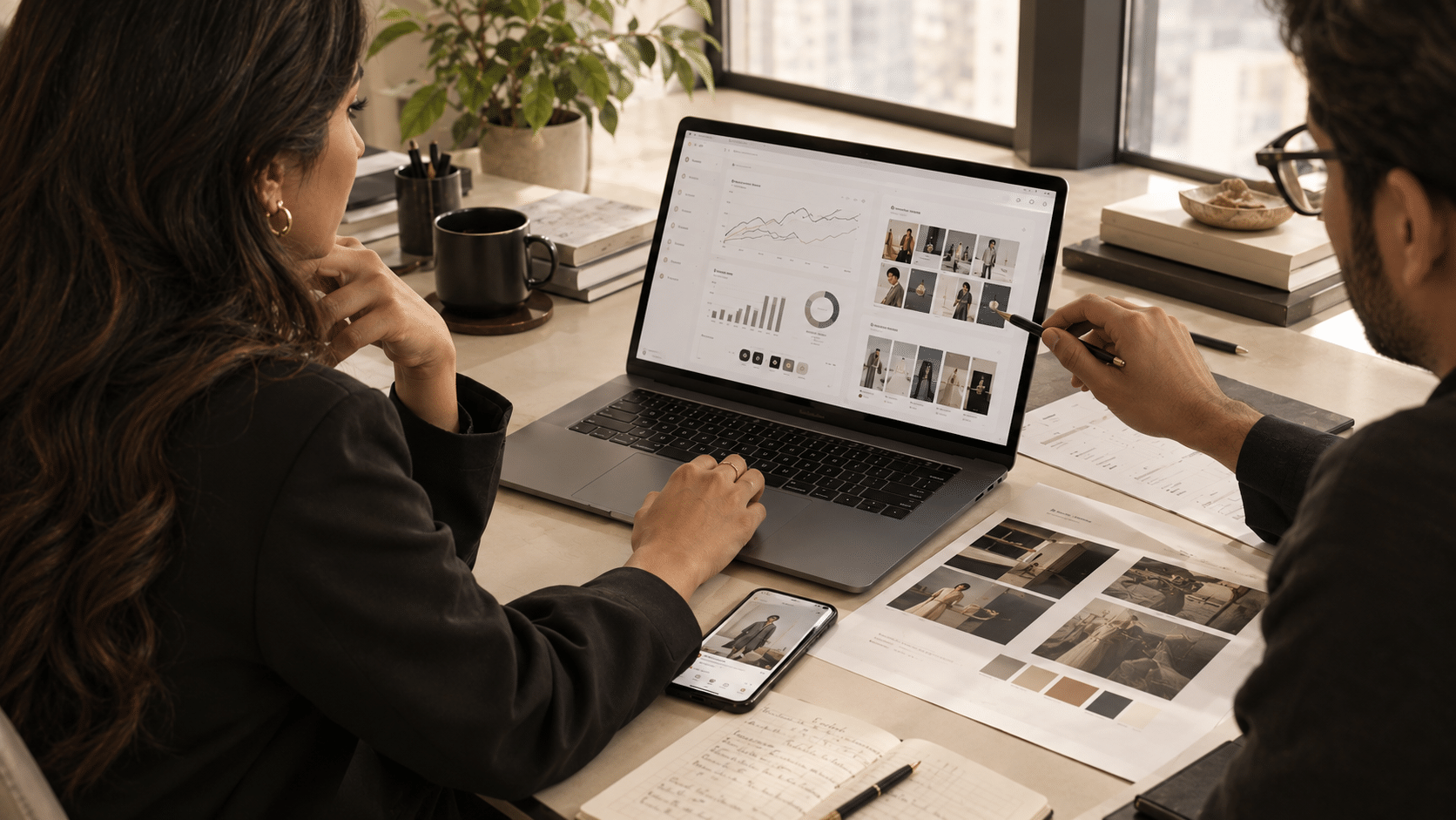 Human marketing strategist reviewing AI-assisted campaign strategy