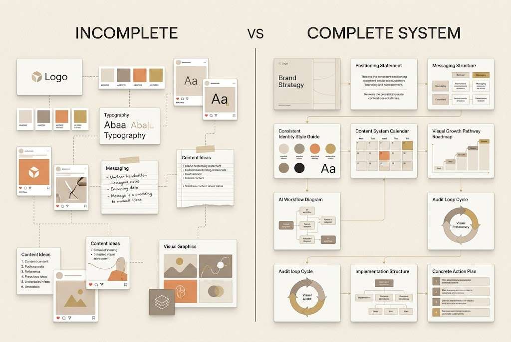 Before and after: what an incomplete brand looks like versus a complete system