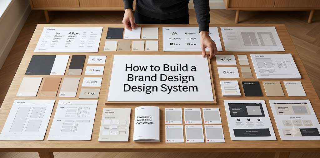 Designer building a brand design system with typography color and layout elements