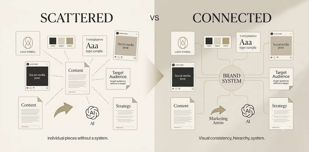 Comparison of disconnected brand pieces versus complete connected brand system