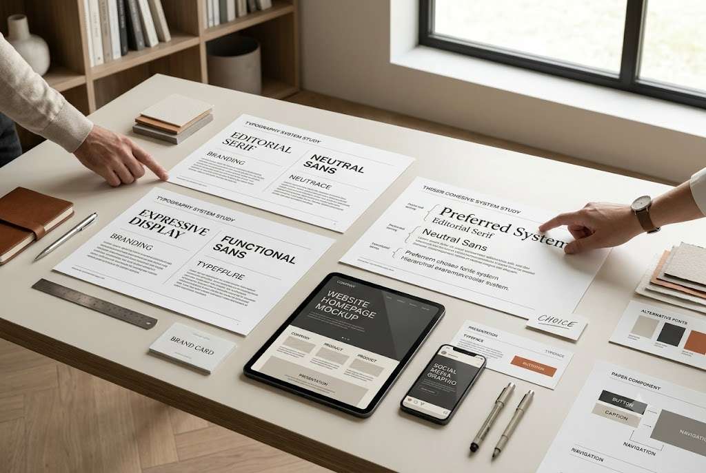 Brand font pairing process comparing serif and sans serif typography across real design applications