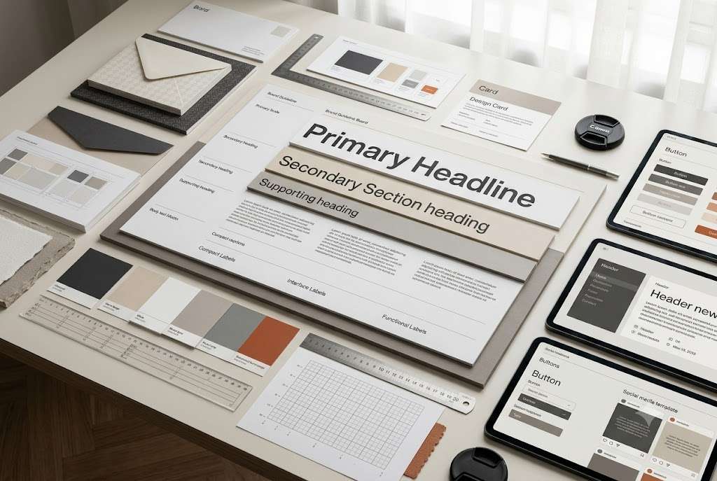 Brand typography hierarchy showing headings, body text, captions, labels, and design system components