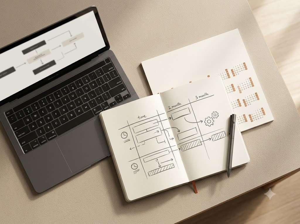 Notebook and calendar used to plan a 90-day AI business development roadmap.