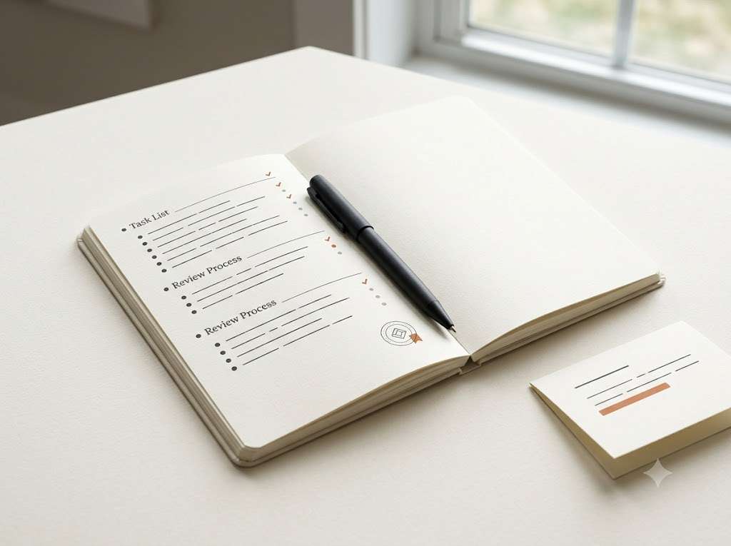 Checklist and notebook representing fact-checking, privacy, originality, disclosure, and honest marketing.