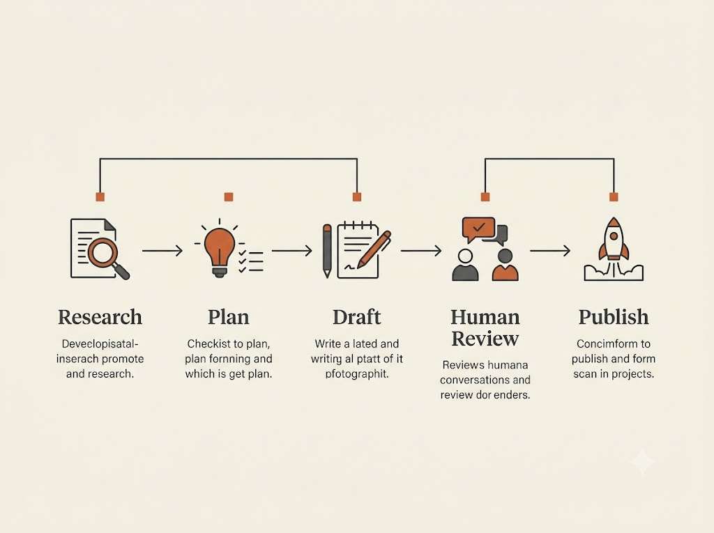 Five-stage AI workflow covering research, planning, drafting, human review, and publishing